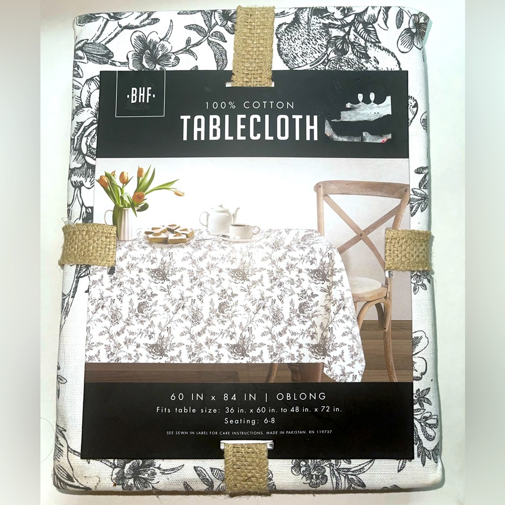 Bunny Hill Farms TABLECLOTH 60" x 84" Oblong FLORAL RABBITS Black Off Wh…